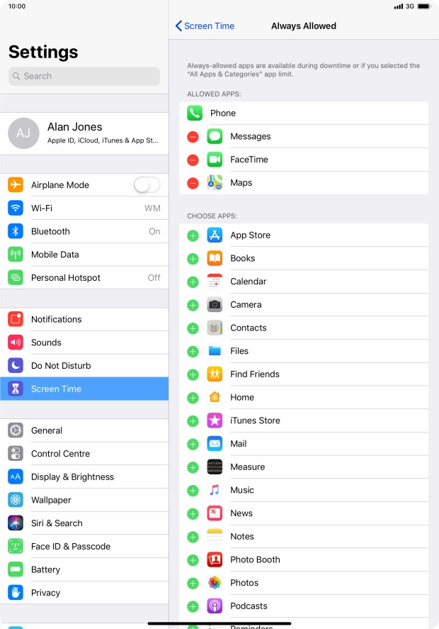 Press the add icon next to the required app to add it to the list of allowed apps during Downtime.