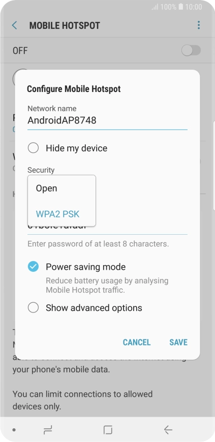 Press WPA2 PSK to password protect your Wi-Fi hotspot.