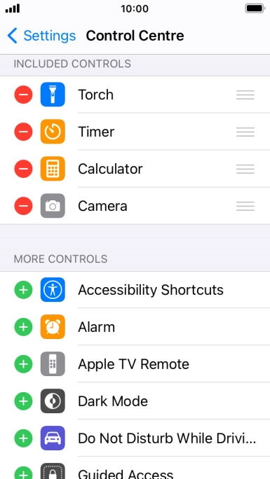 Press the delete icon next to the required function to remove it from Control Centre.