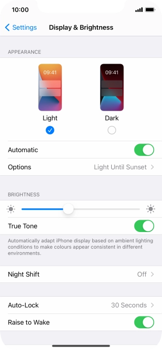 If you turn on the function, press Options and follow the instructions on the screen to select the required period of time for Dark Mode.