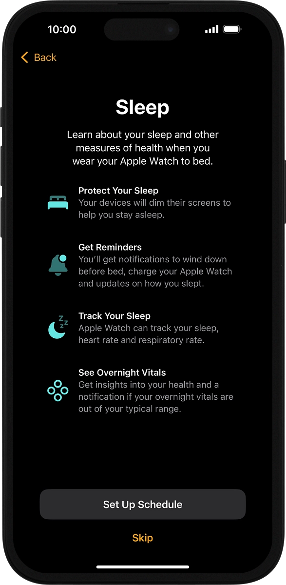 On your phone: Follow the instructions on the screen to select sleep settings or press Skip.