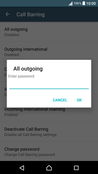 Key in your barring password and press OK. The default barring password is 0000.