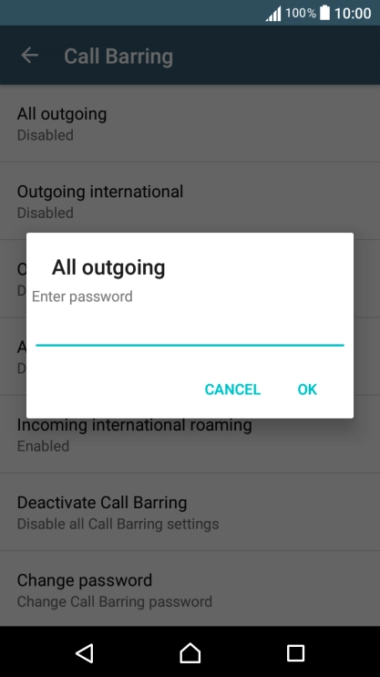 Key in your barring password and press OK. The default barring password is 0000.
