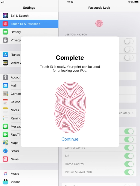 Press Continue. If you haven't previously selected a lock code, key in a code of your own choice twice.