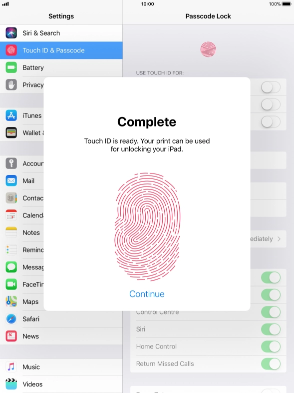Press Continue. If you haven't previously selected a lock code, key in a code of your own choice twice.