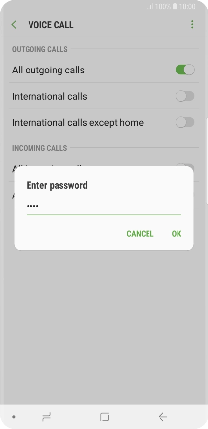 Key in your barring password and press OK. The default barring password is 0000.