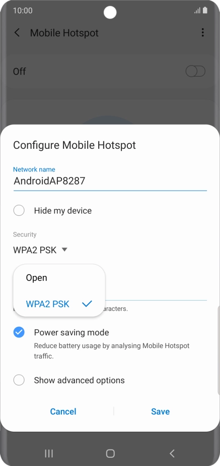 Press WPA2 PSK to password protect your Wi-Fi hotspot.