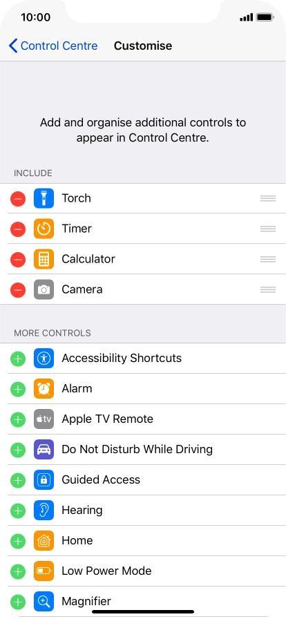 Press the delete icon next to the required function to remove it from Control Centre.