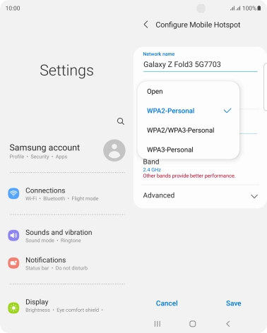 Press WPA3-Personal to password protect your Wi-Fi hotspot.