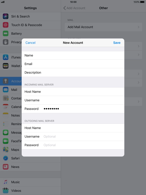 Press Username and key in the username for your email account. Please note that if you're using Vodafone's outgoing server, leave the username field empty.