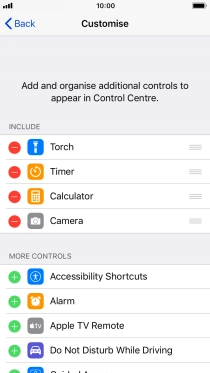 Press the delete icon next to the required function to remove it from Control Centre.