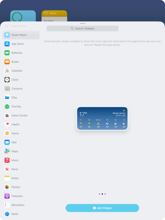 Slide your finger right or left on the screen to select the required widget size.