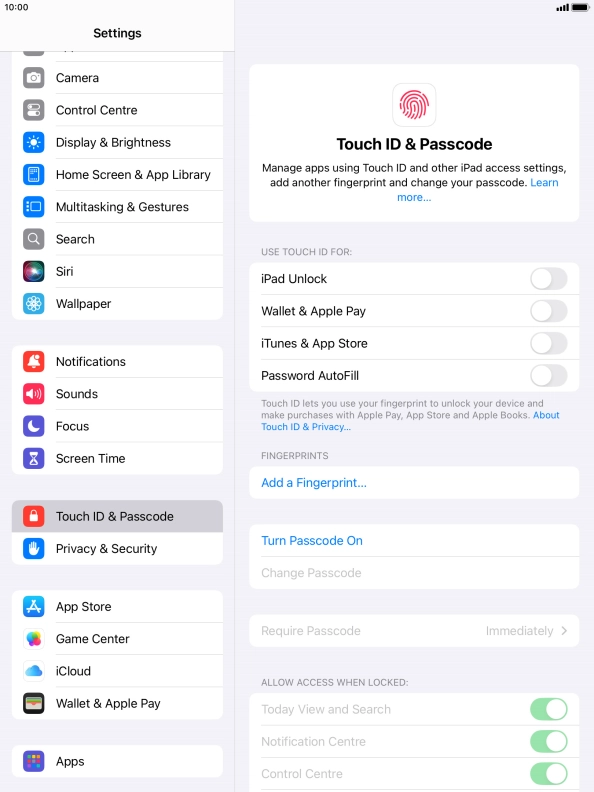 Press Turn Passcode On and key in a lock code of your own choice twice.