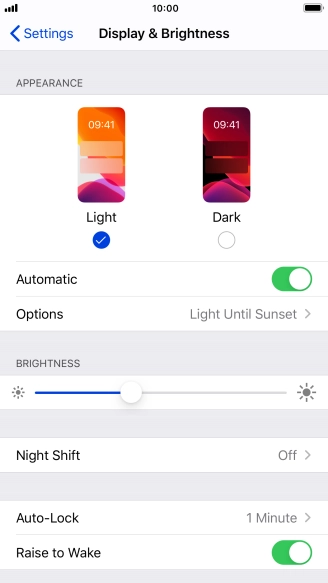 If you turn on the function, press Options and follow the instructions on the screen to select the required period of time for Dark Mode.
