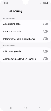 Press the indicator next to the required barring type to turn the function on or off.
