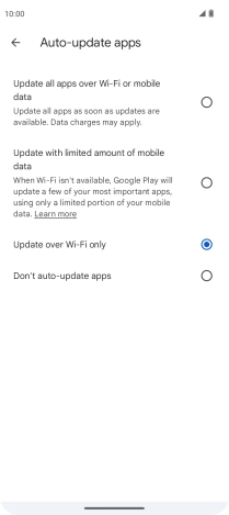 To turn on automatic update of apps using mobile network, press Update all apps over Wi-Fi or mobile data.