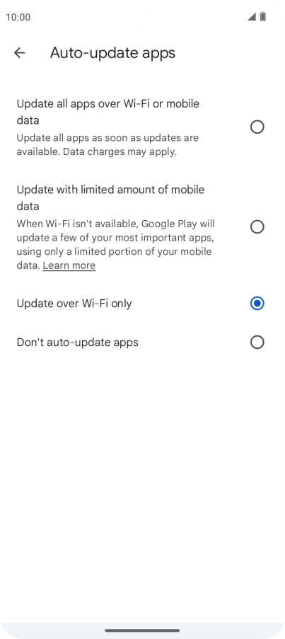 To turn on automatic update of apps using mobile network, press Update all apps over Wi-Fi or mobile data.