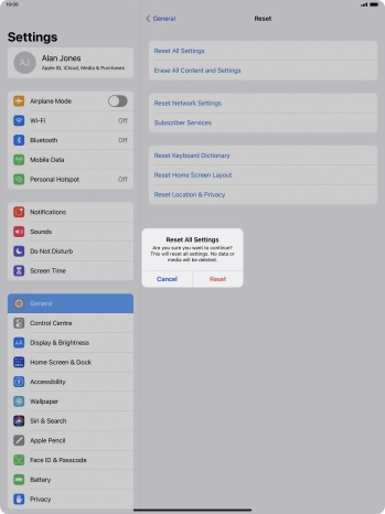 Press Reset. Wait a moment while the factory default settings are restored. Follow the instructions on the screen to set up your tablet and prepare it for use.