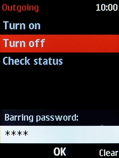 Key in your barring password and press the Navigation key. The default barring password is 0000.