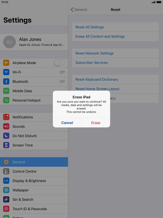 Press Erase. Wait a moment while the factory default settings are restored. Follow the instructions on the screen to set up your tablet and prepare it for use.