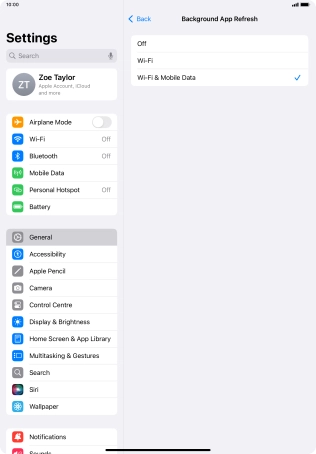 To turn off background refresh of apps, press Off.