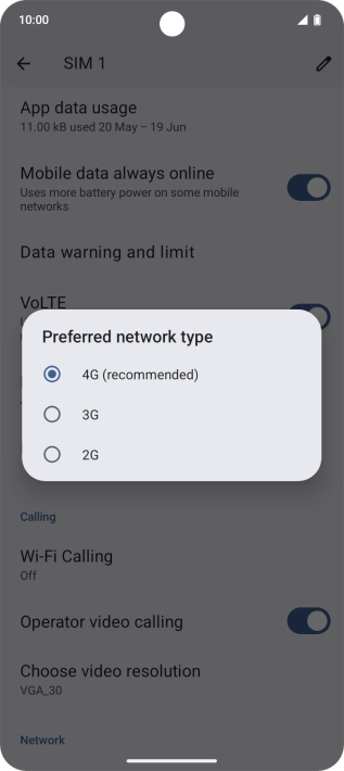 Press the required network mode.