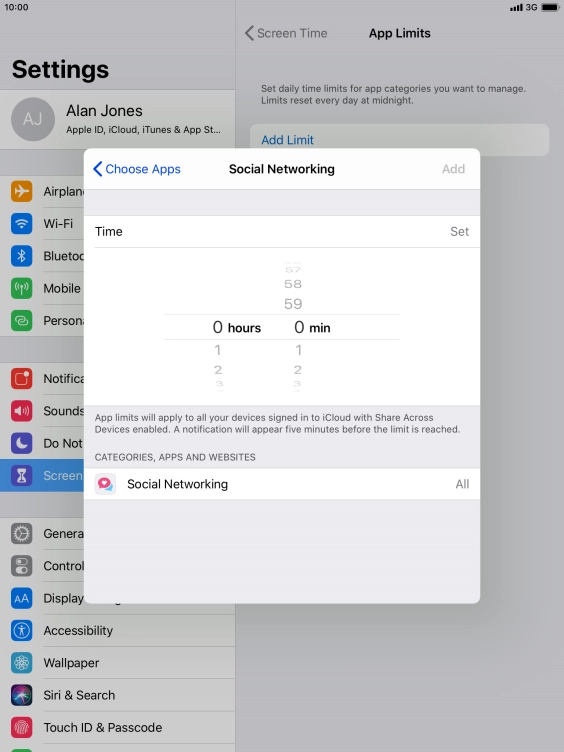 Set the required time limit for use of the selected category.