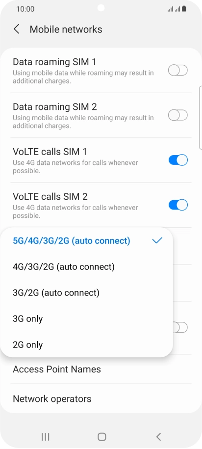 Press the required network mode.
