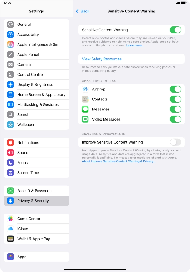 Press the indicators next to the required applications to turn the function on or off.