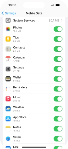 The data usage for each application is displayed below the name of the application.
