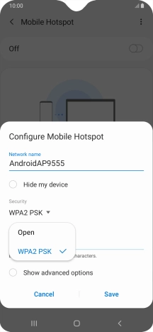 Press WPA2 PSK to password protect your Wi-Fi hotspot.
