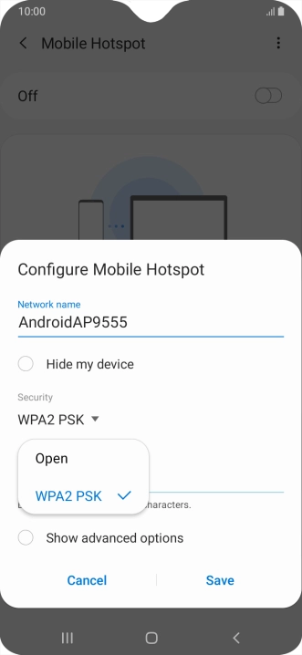 Press WPA2 PSK to password protect your Wi-Fi hotspot.