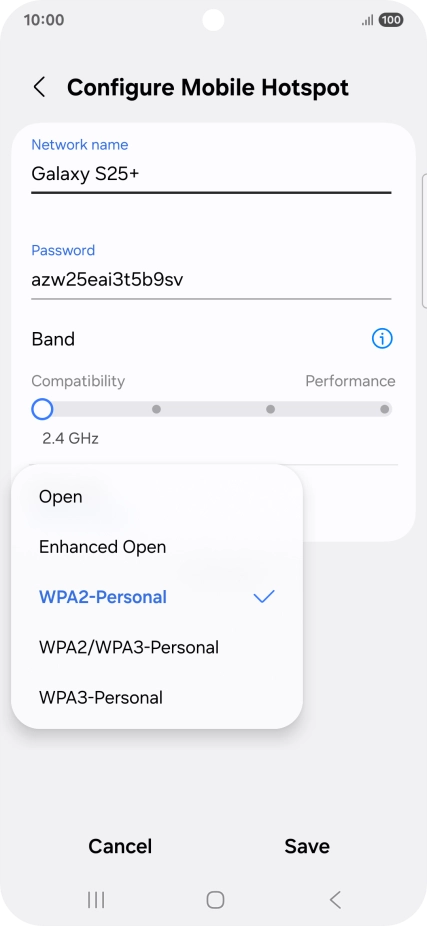 Press WPA3-Personal to password protect your Wi-Fi hotspot.