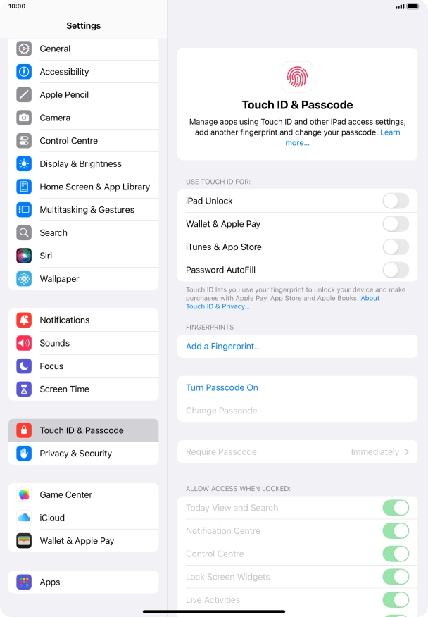 Press Turn Passcode On and key in a lock code of your own choice twice.