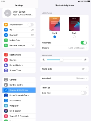 If you turn on the function, press Options and follow the instructions on the screen to select the required period of time for Dark Mode.