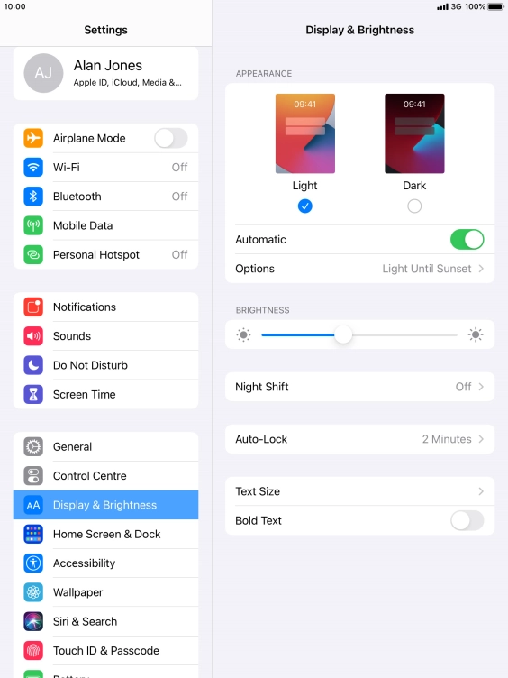If you turn on the function, press Options and follow the instructions on the screen to select the required period of time for Dark Mode.