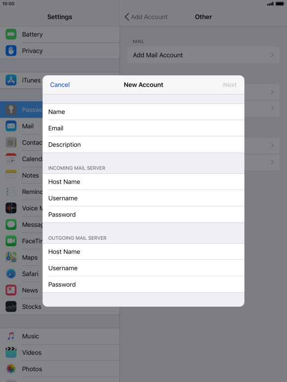Press Username and key in the username for your email account.
