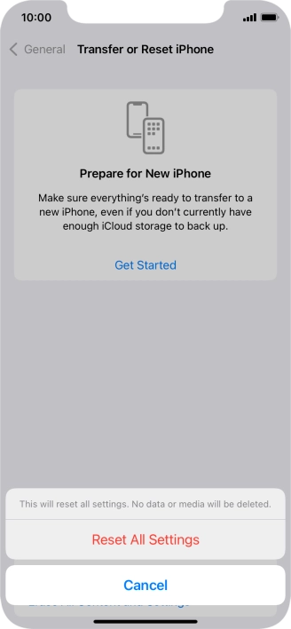 Press Reset All Settings. Wait a moment while the factory default settings are restored. Follow the instructions on the screen to set up your phone and prepare it for use.