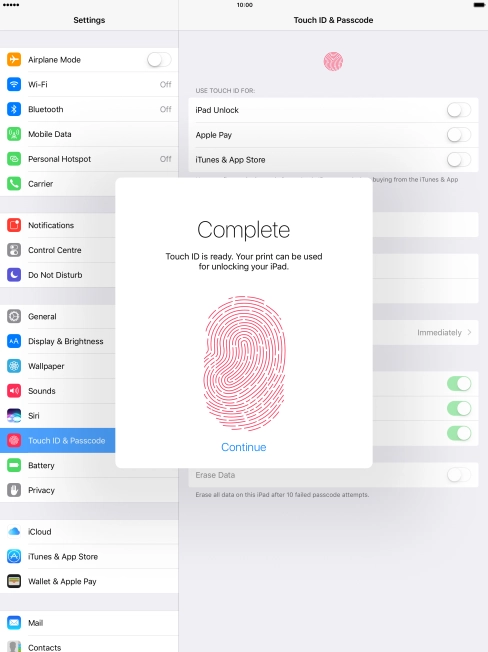 Press Continue. If you haven't previously selected a lock code, key in a code of your own choice twice.