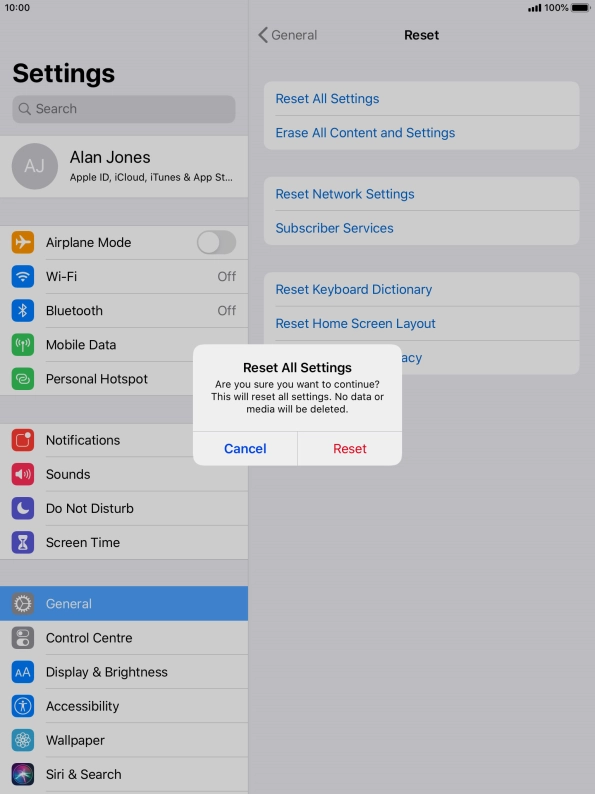 Press Reset. Wait a moment while the factory default settings are restored. Follow the instructions on the screen to set up your tablet and prepare it for use.