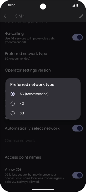 Press the required network mode.