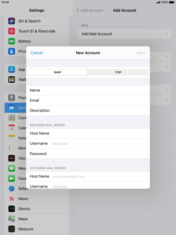 Press Username and key in the username for your email account.