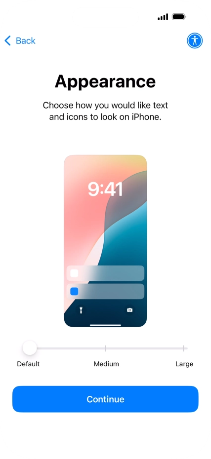 Select the required text and icon size on your phone and press Continue.