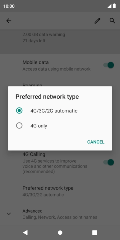 Press the required network mode.