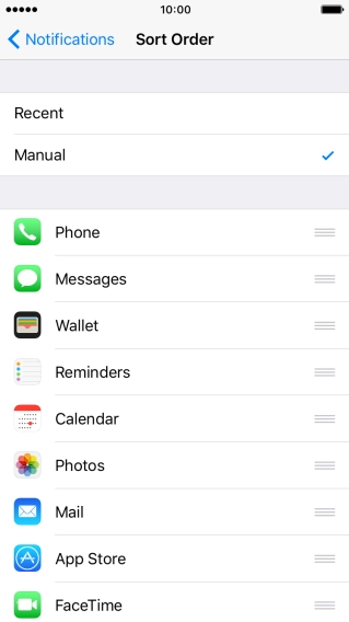 To sort notifications manually, press the organise icon next to the required menu item and drag it to the required position on the list.