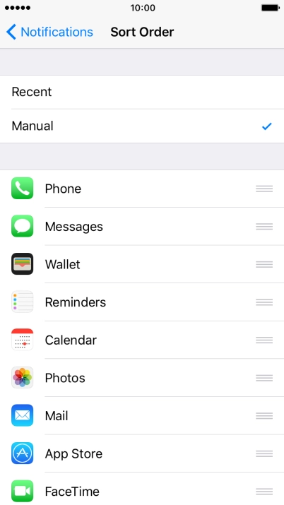 To sort notifications manually, press the organise icon next to the required menu item and drag it to the required position on the list.