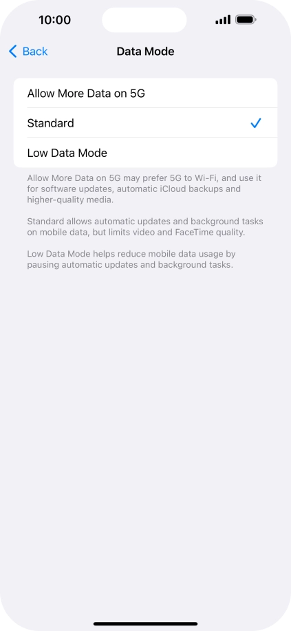 Press the required setting.