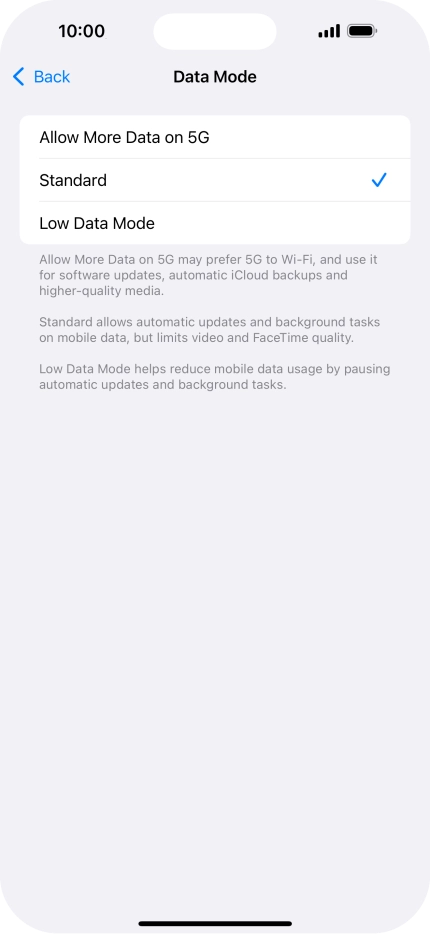 Press the required setting.