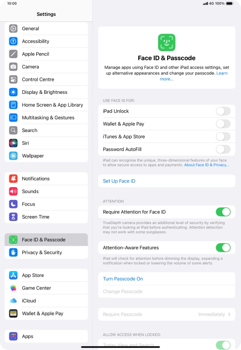 Press Turn Passcode On and key in a lock code of your own choice twice.