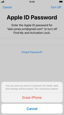 Key in the password for your Apple ID and press Erase iPhone. Wait a moment while the factory default settings are restored. Follow the instructions on the screen to set up your phone and prepare it for use.